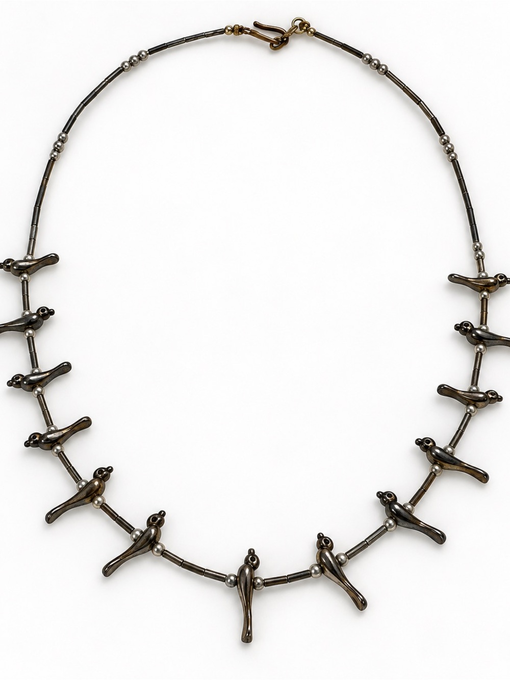 Vintage Southwestern Style Silver Tone Bird Necklace 12 Birds Tube Beads 17”
